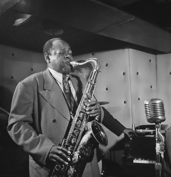 Jazz Saxophonist Coleman Hawkins and Miles Davis performing at Three Deuces Jazz Club, New York City, New York, USA, William P. Gottlieb, July 1947