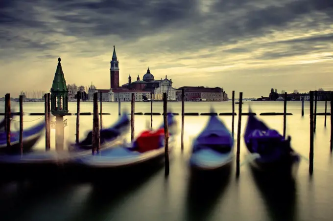 Gondolas with Bell tower of St Mark's Basilica in Background, St Mark's Square, Venice, Italy