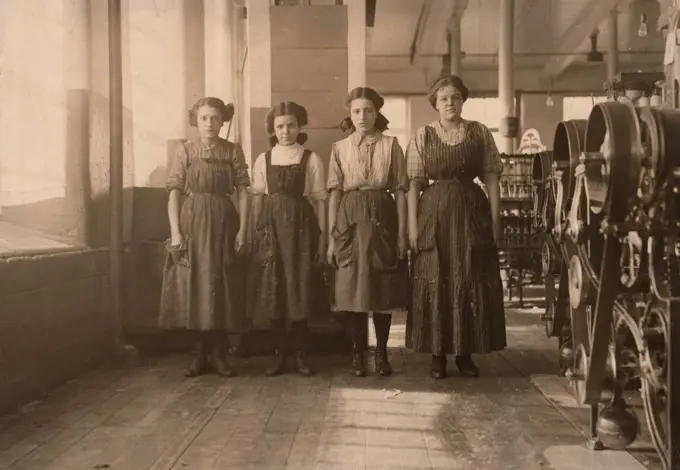 Portrait of Four Girls in Textile Mill, Fall River, Massachusetts, USA, circa 1912