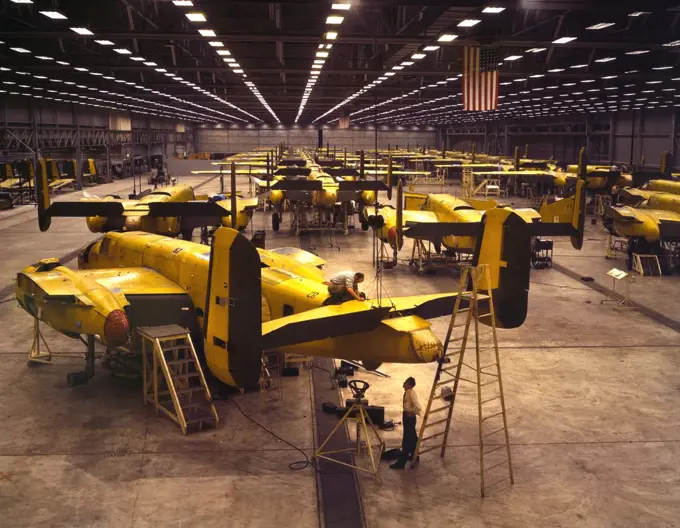 Workers Assembling B-25 Bombers, North American Aviation, Kansas City, Kansas, USA, Alfred T. Palmer for Office of War Information, October 1942