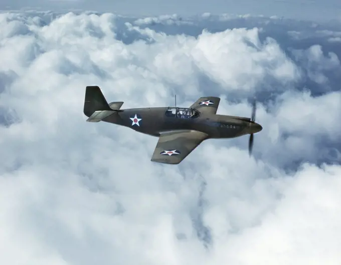 P-51 Mustang Fighter during WWII Training Flight, North American Aviation, Inc., California, USA, Mark Sherwood for Office of War Information, October 1942