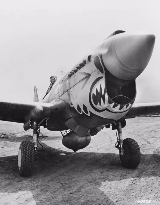 U.S. Major John Chennault and Curtis P-40 "Warhawk" Fighter Plane, "Flying Tiger", Ready for Take-Off, Alaska, Office of War Information, 1940's