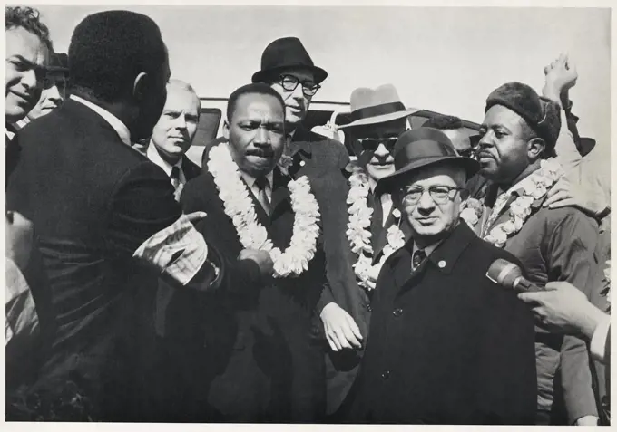 Martin Luther King Jr., Accompanied by Dr. Ralph Bunche and Reverend Ralph Abernathy, Meeting with Teacher Union Leaders at Start of Memphis March, Memphis, Tennessee, USA, March 21, 1965