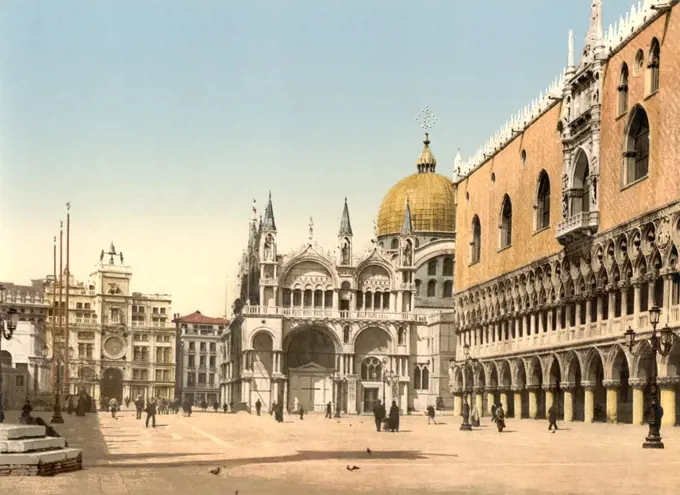 Clock tower, St. Mark's, and Doges' Palace, Piazzetta di San Marco, Venice, Italy, Photochrome Print, Detroit Publishing Company, 1900