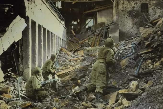 Infantrymen Searching for Snipers, Prum, Germany, Rhineland Campaign, 1945