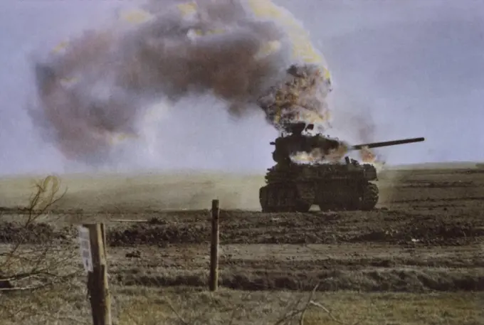 Medium Tank of Armored Division of U.S. First Army Knocked out by Enemy Artillery Fire, Rhineland Campaign, Germany, 1945