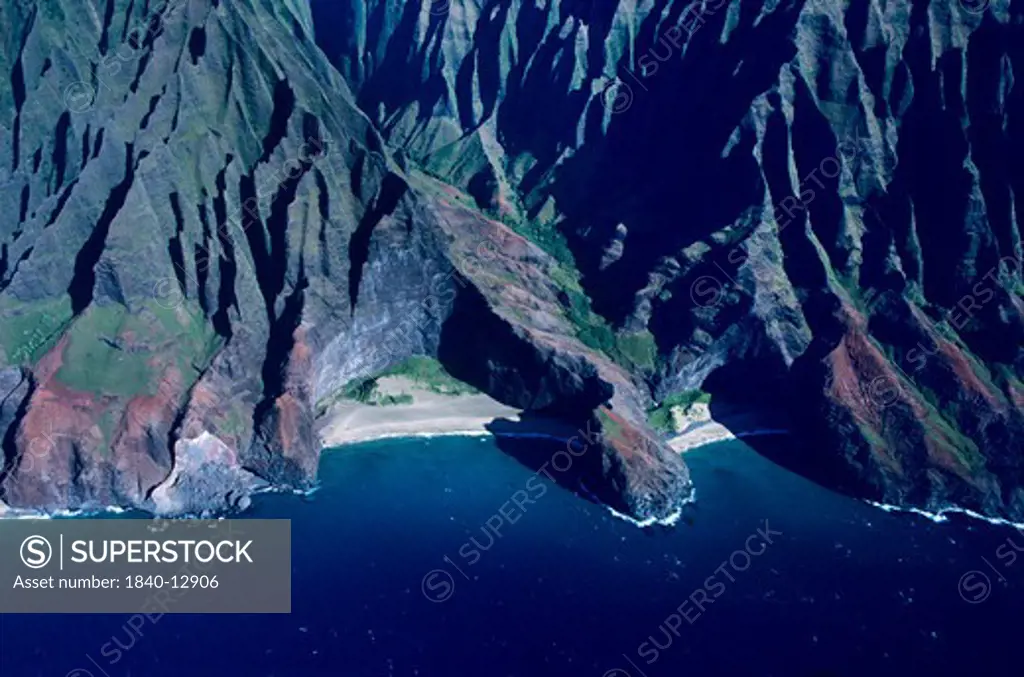 Aerial view of the Na Pali Cliffs on the north coast of the island of Kauai, Hawaii.