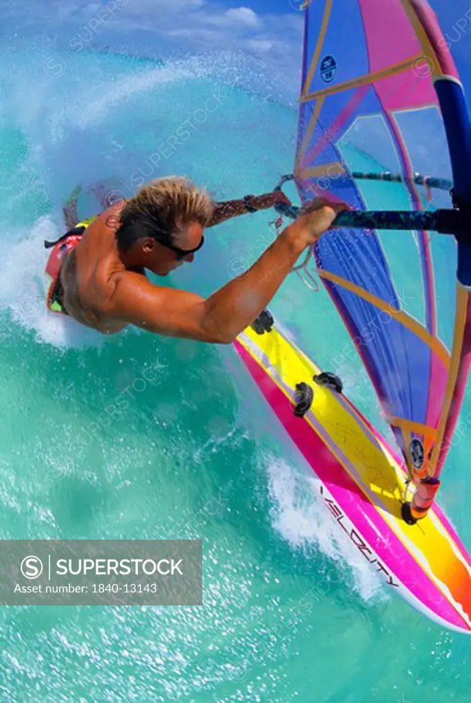 Windsurfing at Fisherman's Huts on the island of Aruba in the Caribbean Sea.