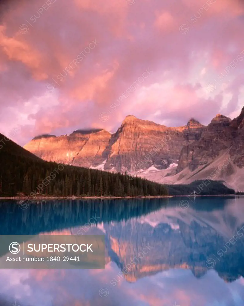 Moraine Lake with mountains and trees in background, Banff National Park, Canada.