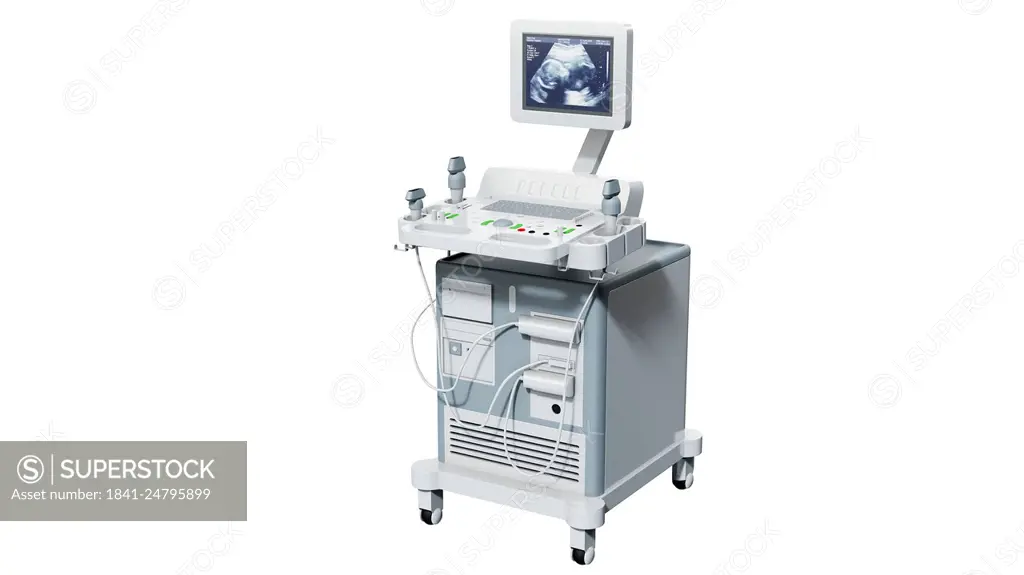 Illustration of a sonography device for ultrasound diagnostics in the medical field. The imaging procedure is harmless to the patient and is used, amo...