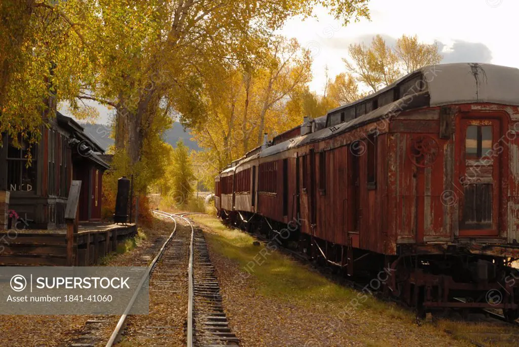 Train on railroad track in ghost town, Virginia City, Montana, USA