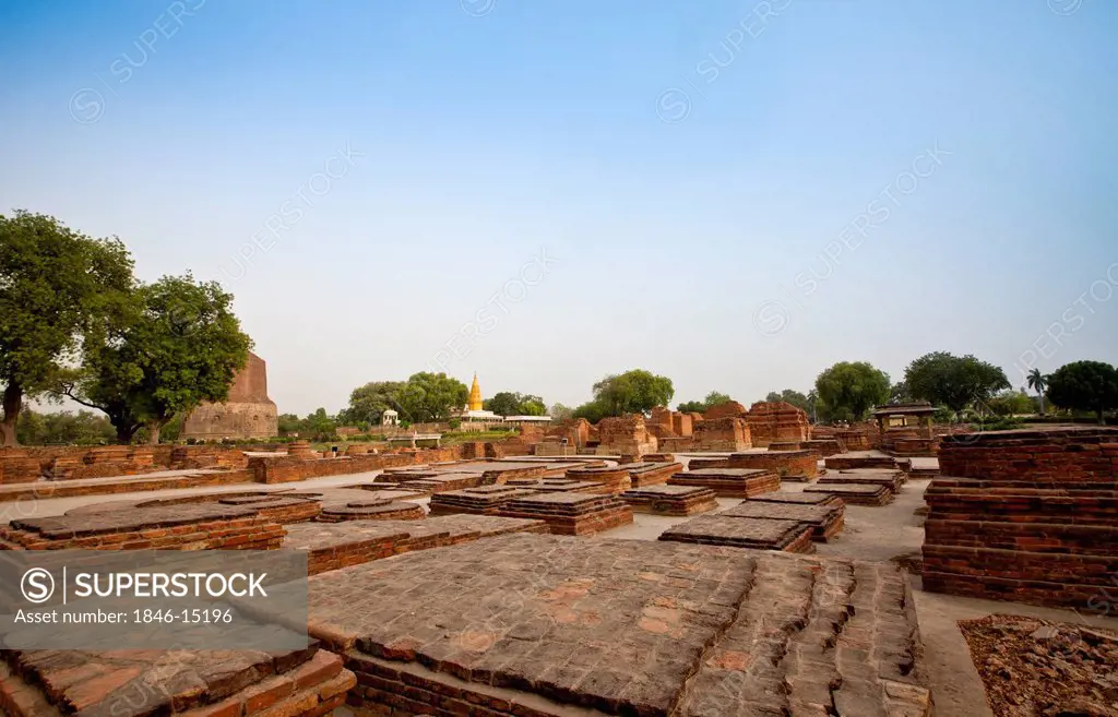 Mini stupas at archaeological site with Dhamek Stupa in the background, Manauti Stupa, Sarnath, Varanasi, Uttar Pradesh, India