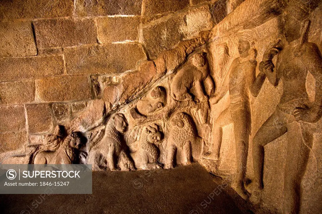 Details of carvings in a temple, Mahabalipuram, Kanchipuram District, Tamil Nadu, India