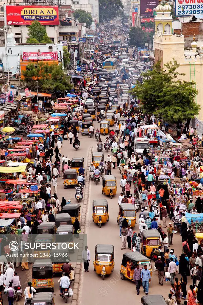 High angle view of traffic on the road, Charminar, Hyderabad, Andhra Pradesh, India