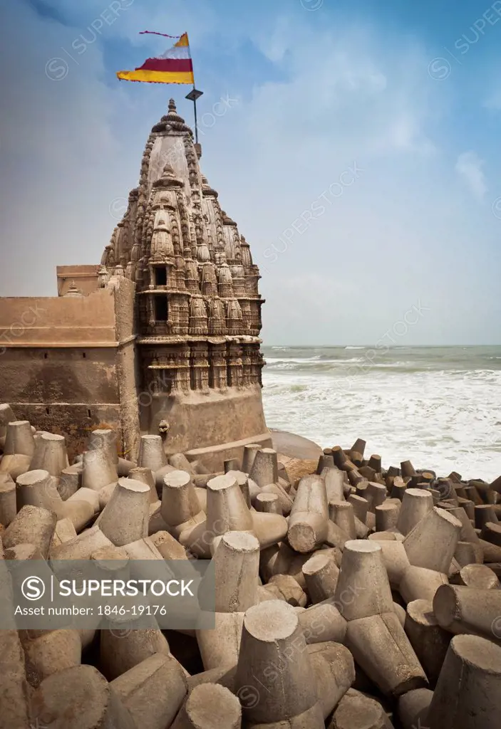 Hindu temple at Dwarka Beach, Dwarka, Gujarat, India - SuperStock