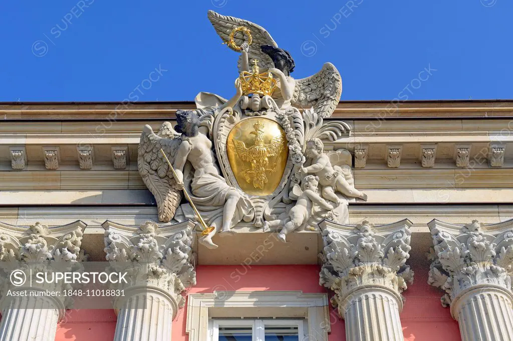 Prussian eagle with a crown above the main portal of the rebuilt Potsdam City Palace, Potsdamer Stadtschloss, seat of the state government of Brandenb...