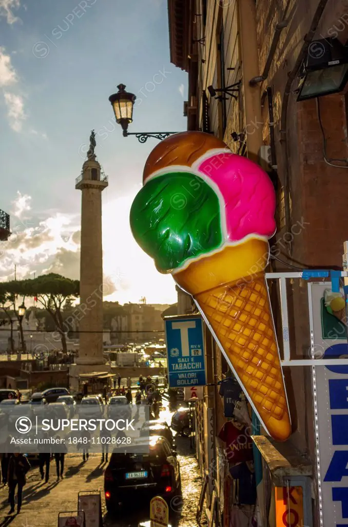 Huge ice cream cone as an advertisement for an ice cream parlour, Trajan's Column at the back, Rome, Lazio, Italy