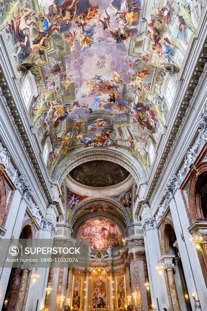 Choir, apparent dome and Baroque trompe l'œil ceiling fresco, The Triumph of St. Ignatius Loyola, Entrance into Paradise, Apotheosis of St. Ignatius, ...