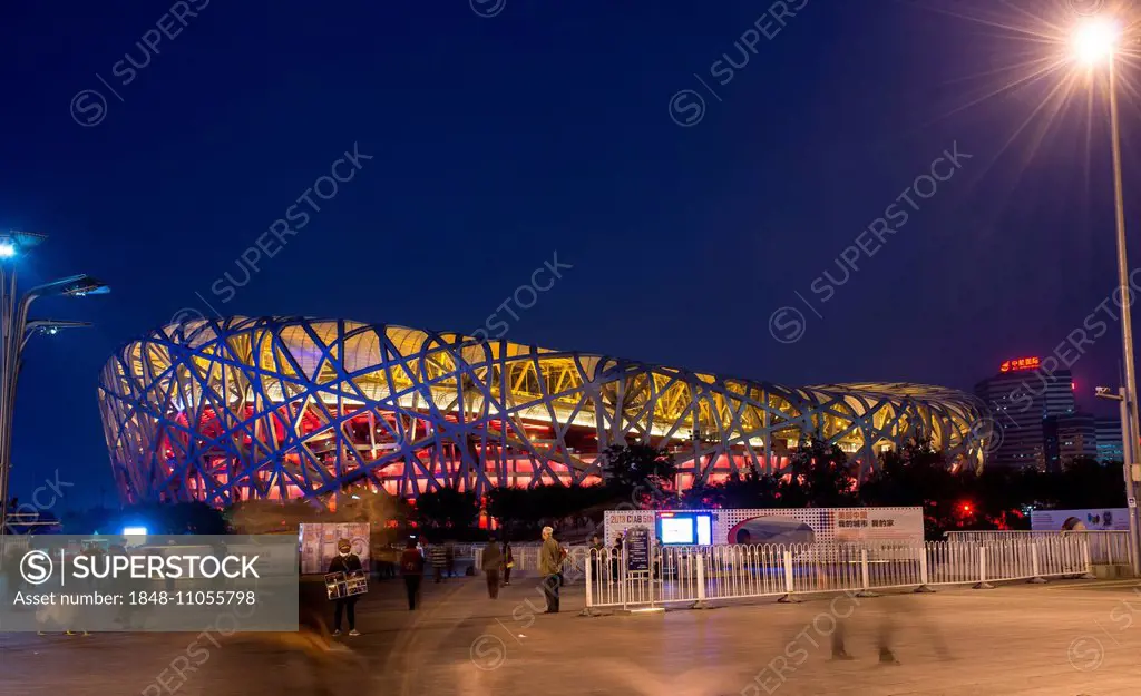 Olympic Stadium, Beijing National Stadium, Bird's Nest at dusk, blue hour, Beijing, China