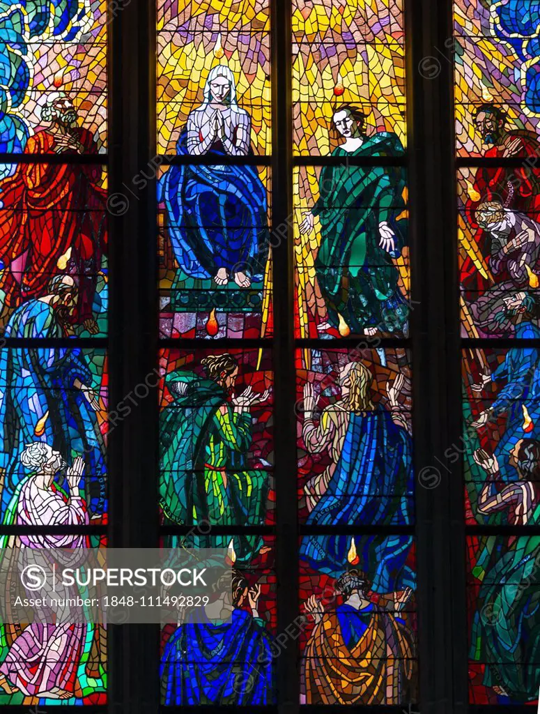 Stained-glass windows with Christian motifs, worship, windows in St Vitus Cathedral, Prague Castle, Prague, Bohemia, Czech Republic, Europe