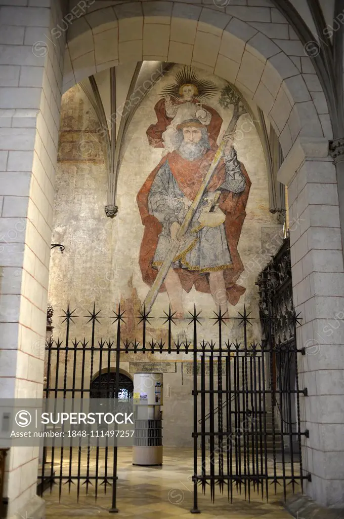 Fresco, wall painting Saint Christopher, Cathedral of Mary, Cathedral of Our Lady, Augsburg, Bavaria, Germany, Europe