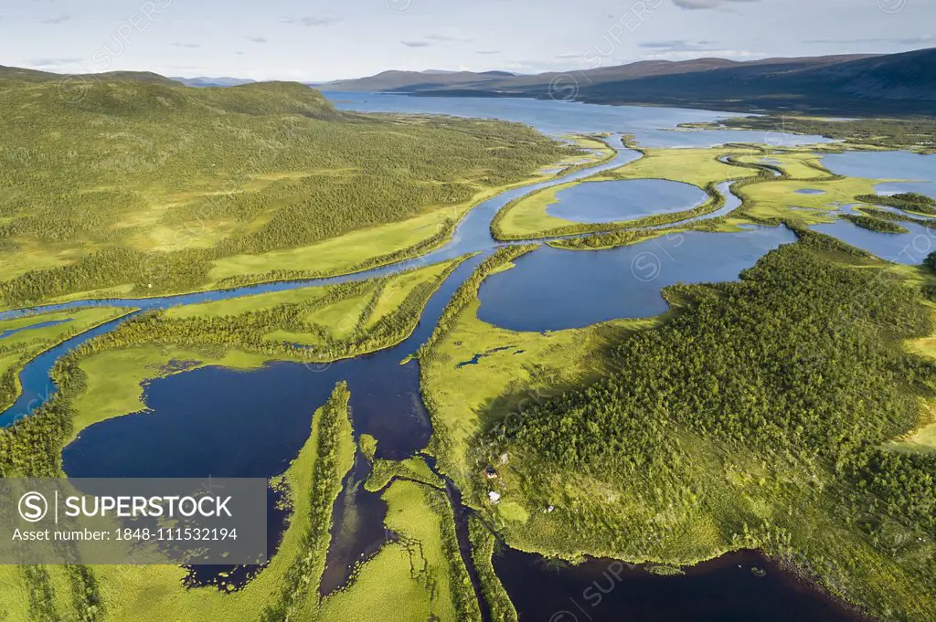 Aerial view, drone shot, meandering river landscape of the Rapa Valley near Nikkaluokta, Sarek National Park, Norrbottens län, Sweden, Europe