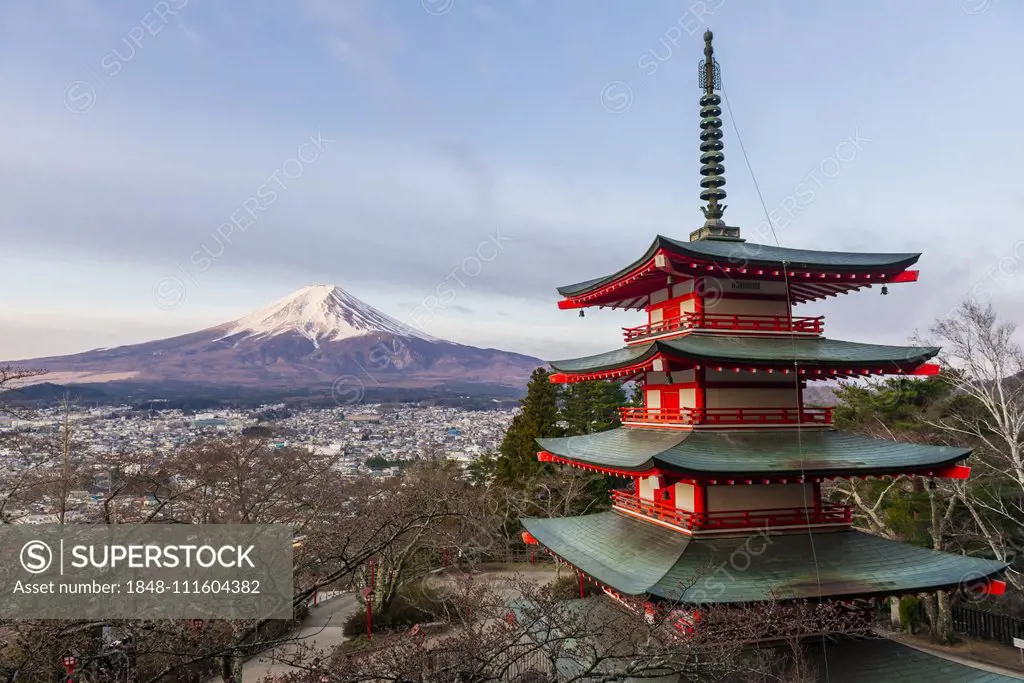 Five-storey pagoda, Chureito Pagoda, overlooking Fujiyoshida City and Mount Fuji Volcano, Yamanashi Prefecture, Japan, Asia