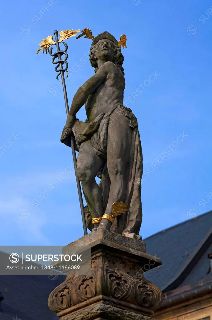 Fountain statue of Hermes outside Michaelsberg Abbey, former Benedictine abbey, 17th century, Bamberg, Upper Franconia, Bavaria, Germany