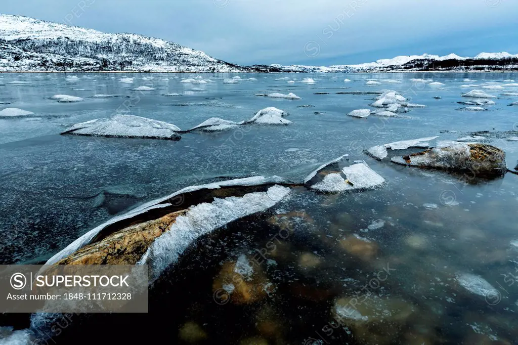 Frozen fjord, ice sheets at low tide in Skarsfjord, Tromsö, Norway