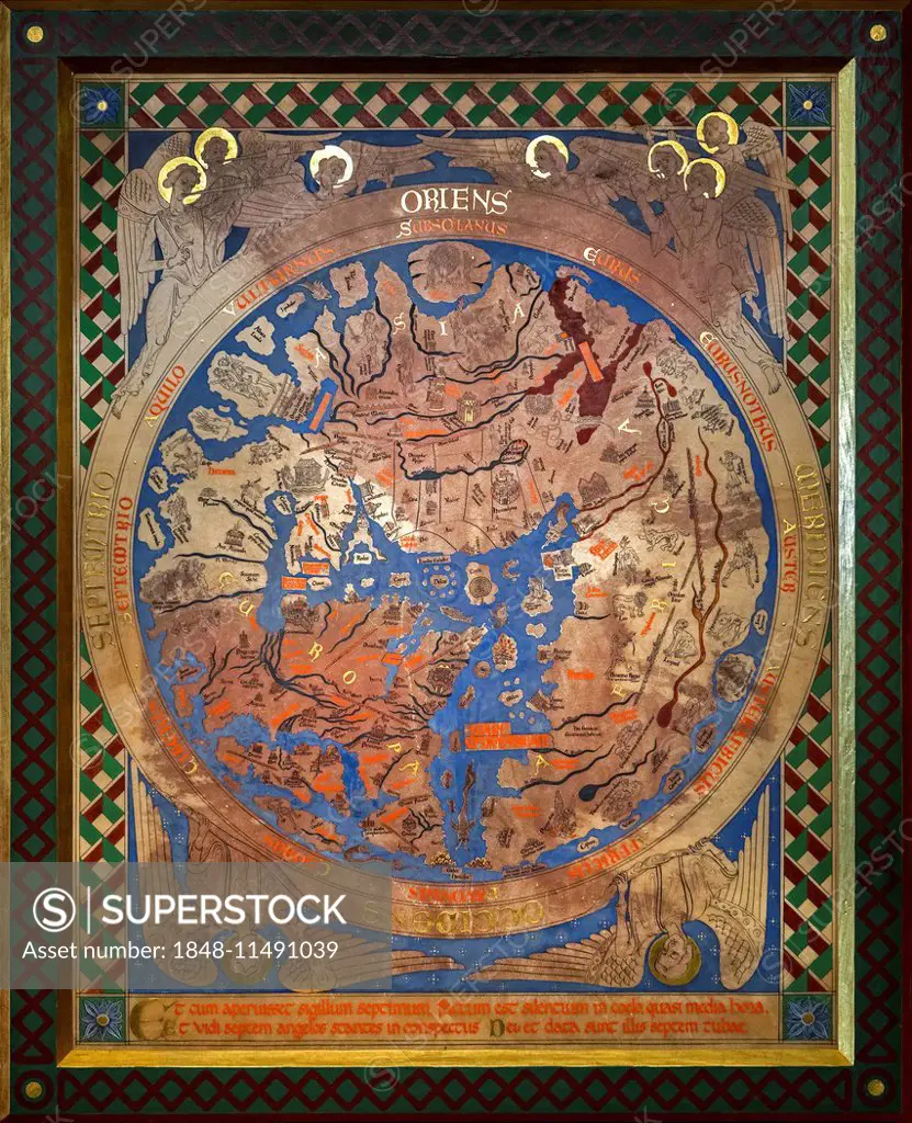 Replica, mural, depiction of the world, 12th century, Great Tower in Dover Castle, Kent, England, United Kingdom