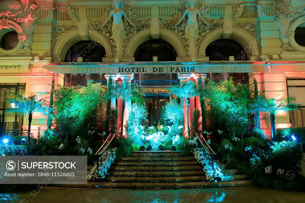 Entrance with plants, closed for renovation, Hôtel de Paris, Monte Carlo, Monaco