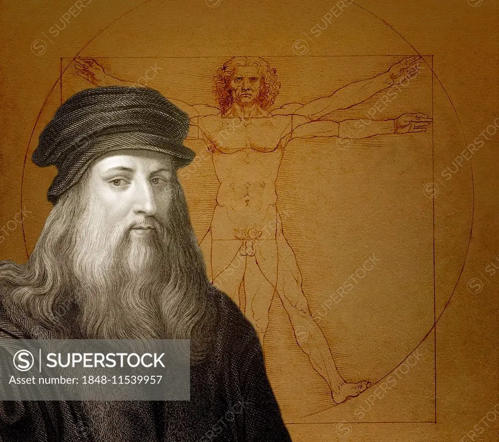 Drawing The Vitruvian Man, in front Leonardo da Vinci, Italian painter, sculptor, architect, engineer, historical illustration