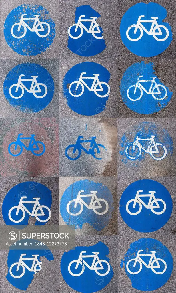 Collage of cycle track markings on a pavement, partly worn away