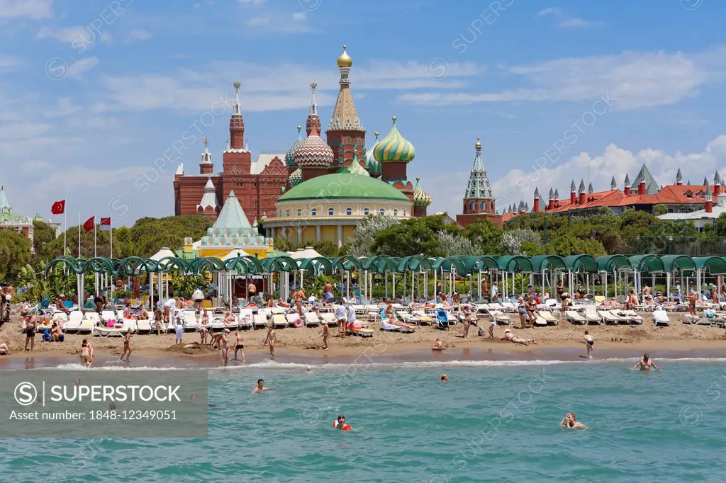 Beach with the Kremlin Palace Hotel and a Kremlin replica, Kundu, Aksu, Turkish Riviera, Antalya Province, Mediterranean area, Turkey