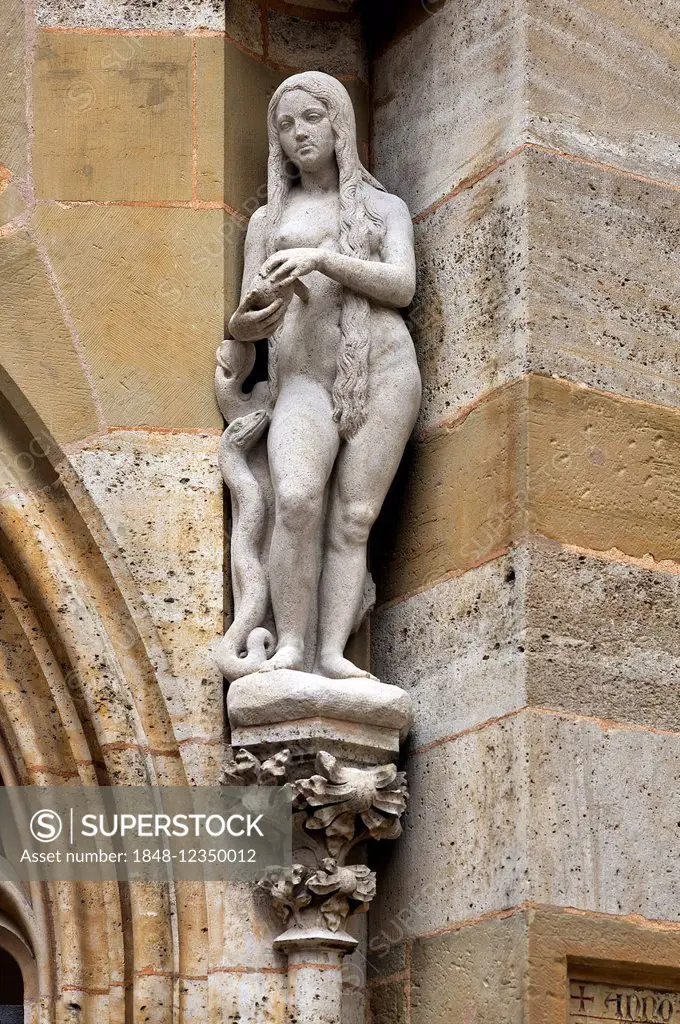 Eve with snake, sculpture at the St. James's Church, Rothenburg ob der Tauber, Middle Franconia, Bavaria, Germany