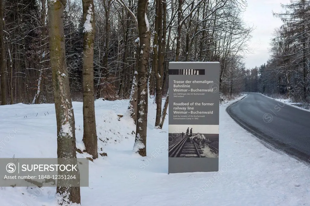 KZ Buchenwald concentration camp, the former railway line in winter forest, information panel, on the right the so called Blutstraße or blood road, Et...