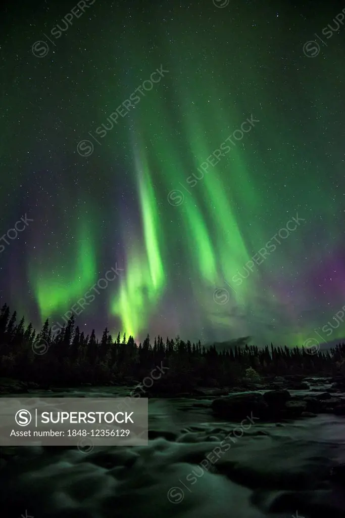 Northern lights or aurora borealis over river, Kvikkjokk, Lapland, Sweden