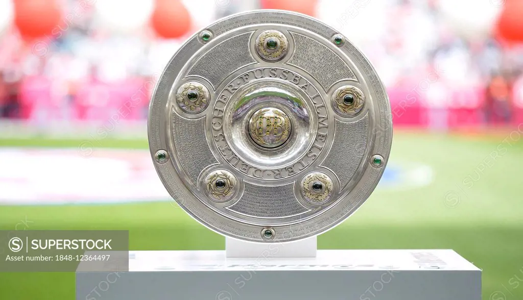 Championship trophy on pedestal, FC Bayern, championship celebration, Allianz Arena, Munich, Upper Bavaria, Bavaria, Germany