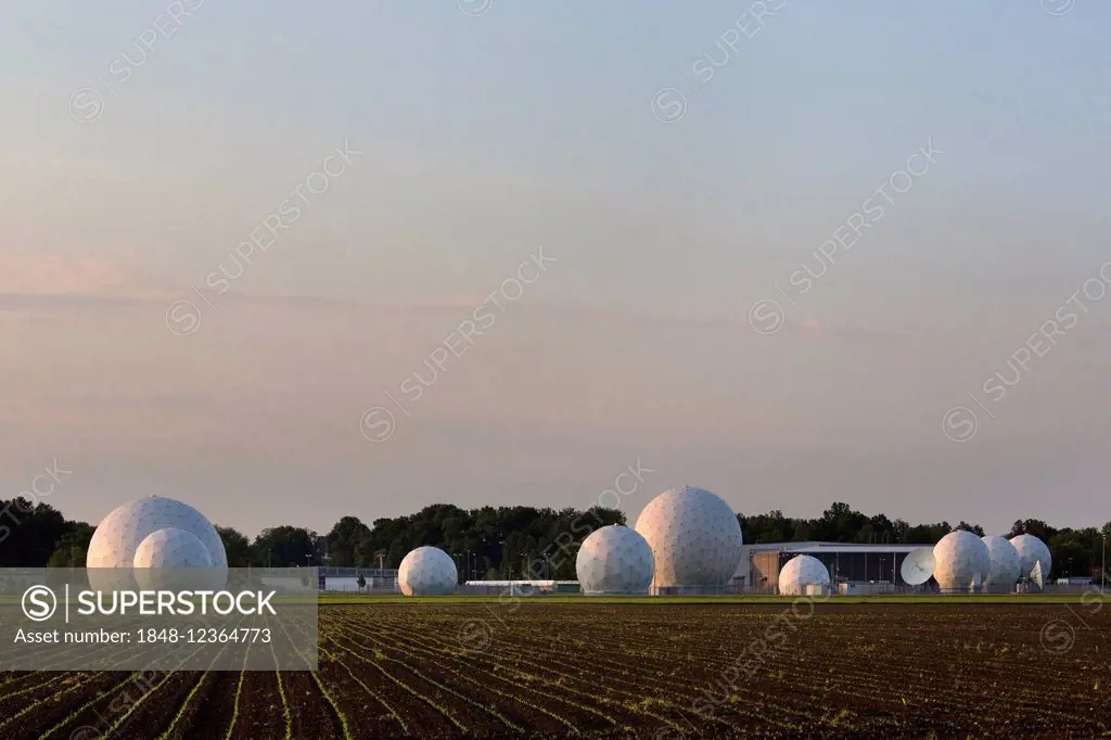 Radomes of the former Echelon surveillance station Field Station 81, Bad Aibling, Chiemgau, Upper Bavaria, Bavaria, Germany