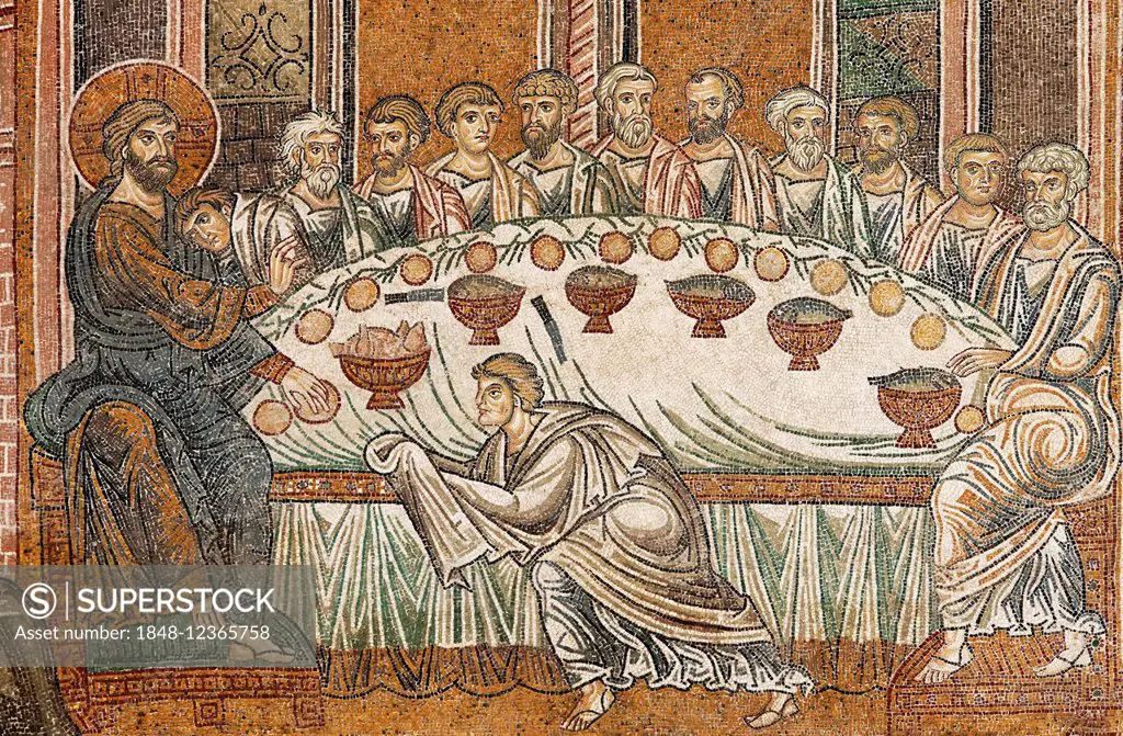 Jesus and his disciples during the Last Supper, Byzantine gold ground mosaics, Cathedral of Santa Maria Nuova, Monreale Cathedral, Monreale, Province ...