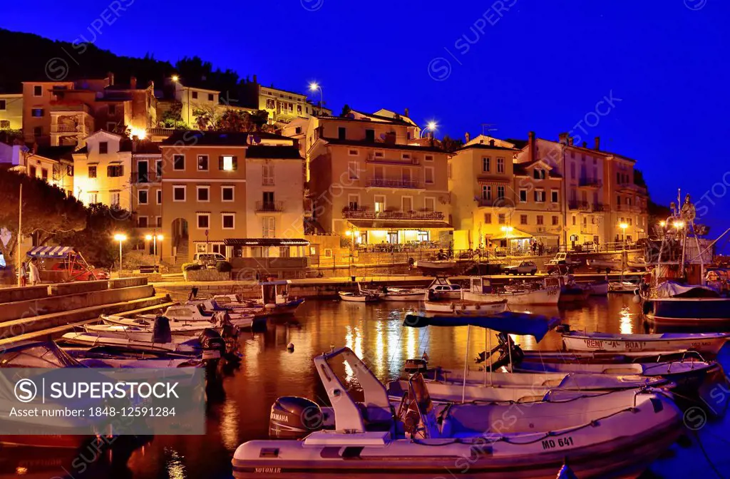 Historic centre and harbor at night on the Adriatic coast, Moscenicka Draga, Primorje-Gorski Kotar, Kvarner Gulf, Istria, Croatia