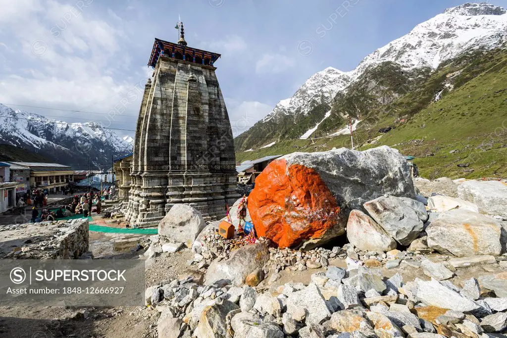 The small town around Kedarnath Temple got totally destroyed by the flood of river Mandakini in 2013, only ruins are left, Kedarnath, Uttarakhand, Ind...