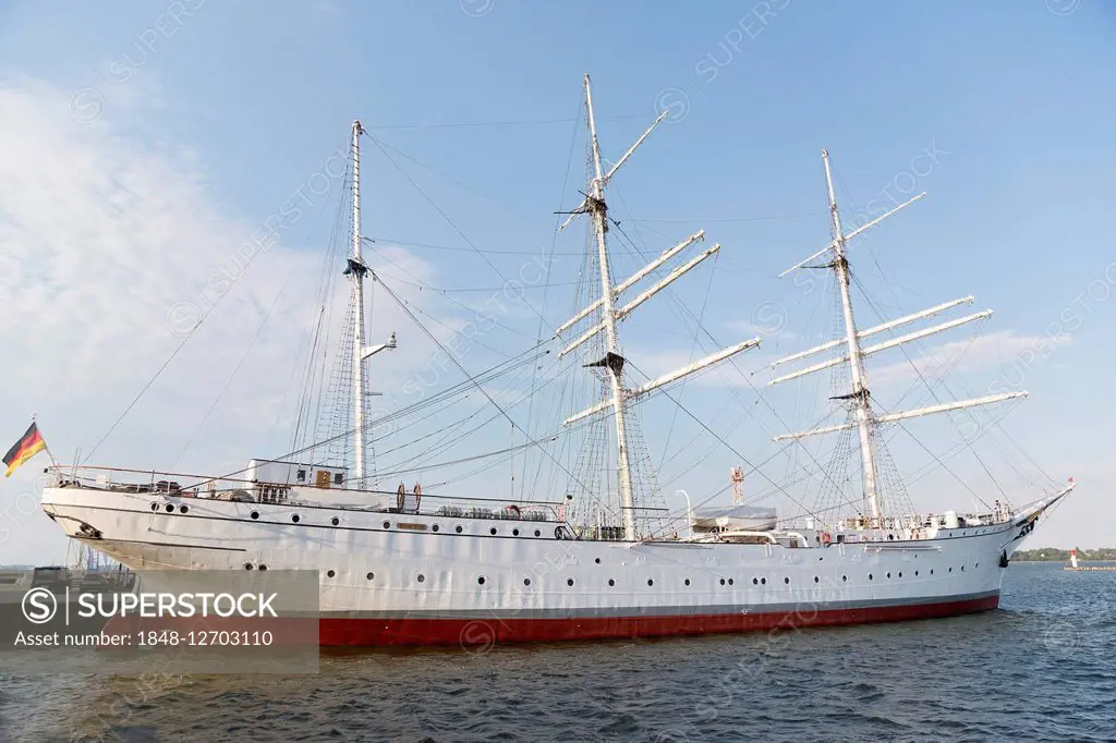 The three-mast barque Gorch Fock I, by the quay in Stralsund, Mecklenburg-Western Pomerania, Germany