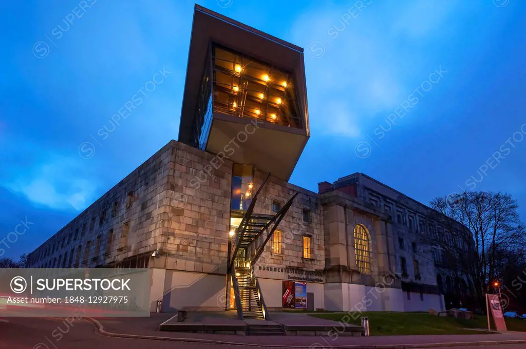 Entrance, Documentation Center Nazi Party Rally Grounds, dusk, Nuremberg, Middle Franconia, Bavaria, Germany