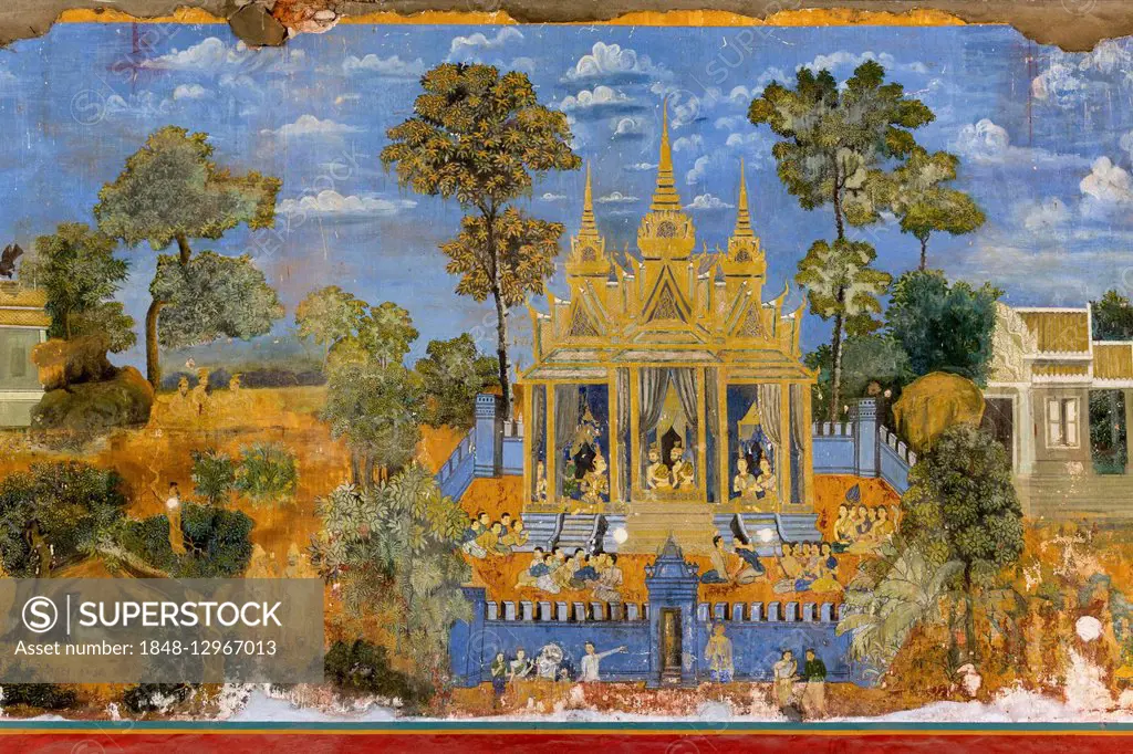 Mural from the Ramayana epic, mural, Silver Pagoda, Royal Palace, Phnom Penh, Cambodia