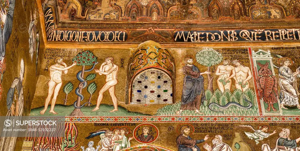 Byzantine mosaic, Adam and Eve eat from the tree of sin, the expulsion from Paradise, Cappella Palatina, Palatine Chapel of the Palace of the Normans ...