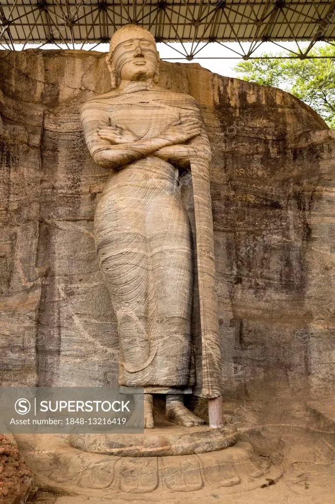 Standing Buddha statue, which depicts an unusual Mudra, Gal Vihara Pilima, Nissankamallapura, North Central Province, Sri Lanka