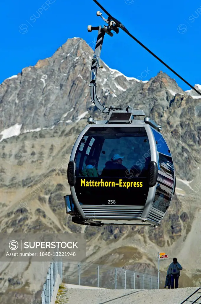 Gondola cable car of the Matterhorn Express at the station Schwarzsee, Zermatt, Canton of Valais, Switzerland