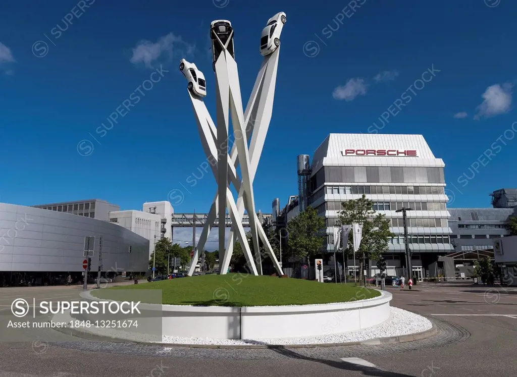 Porsche plants and sculpture Inspiration 911 at Porscheplatz, artist Gerry Judah, Stuttgart-Zuffenhausen, Baden-Württemberg, Germany