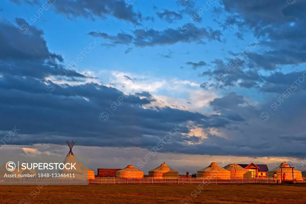 Yurts in evening light, Khatan Ugii Tourist Camp, Ugii Nuur Lake, Central Mongolia, Mongolia